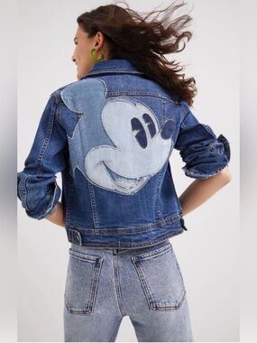 Desigual × Disney Mickey Mouse Denim Trucker Jacket XS Raw Edge Patchwork NEW